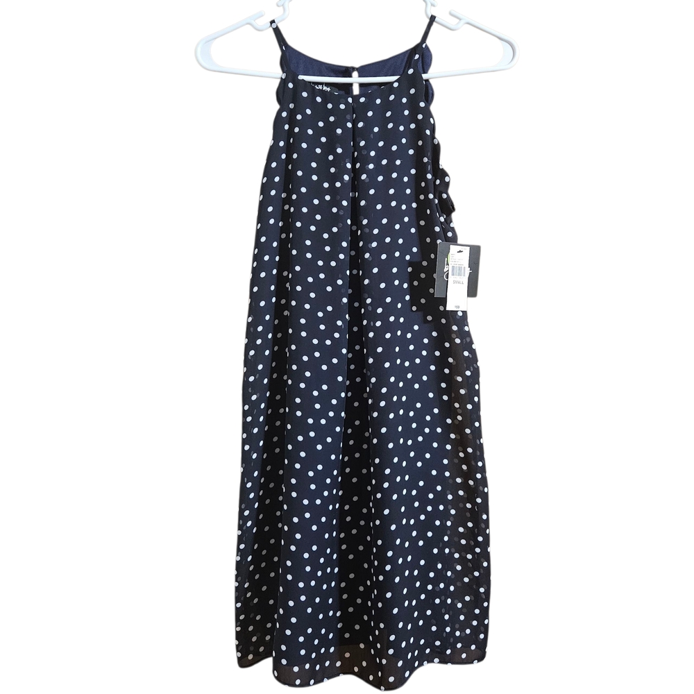 NWT by & by Navy and White Polka Dot Mini Dress Lined / Scalloped Edges. S
